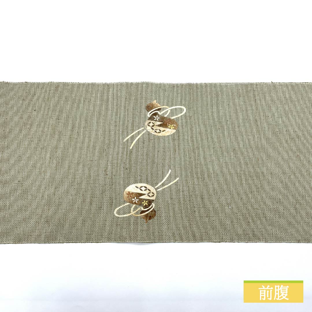 Nagoya obi, gray-green, artist's work, bagworm, spring, obi length 385cm, pure silk, S rank, point pattern, casual, green, 1124007062419, pine needle style
