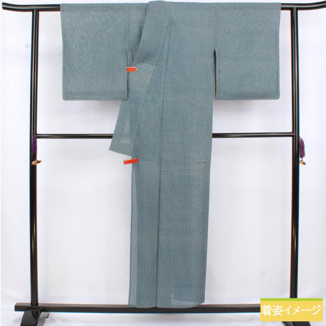 夏物 正絹 小紋 身丈152.5cm 裄丈65.5cm 藍鉄色（あいてついろ） 江戸小紋 型染 抽象模様 絽 Bランク 青系 1132002774217