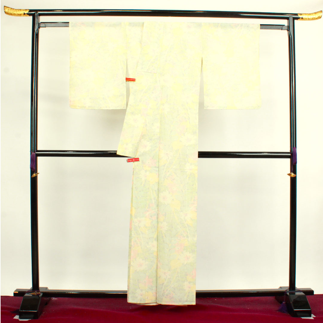 夏物 正絹 紬 身丈159cm 裄丈64cm 乳白色（にゅうはくしょく） 抽象花 しつけ糸付き 紗 Aランク クリーム系 1132000553315