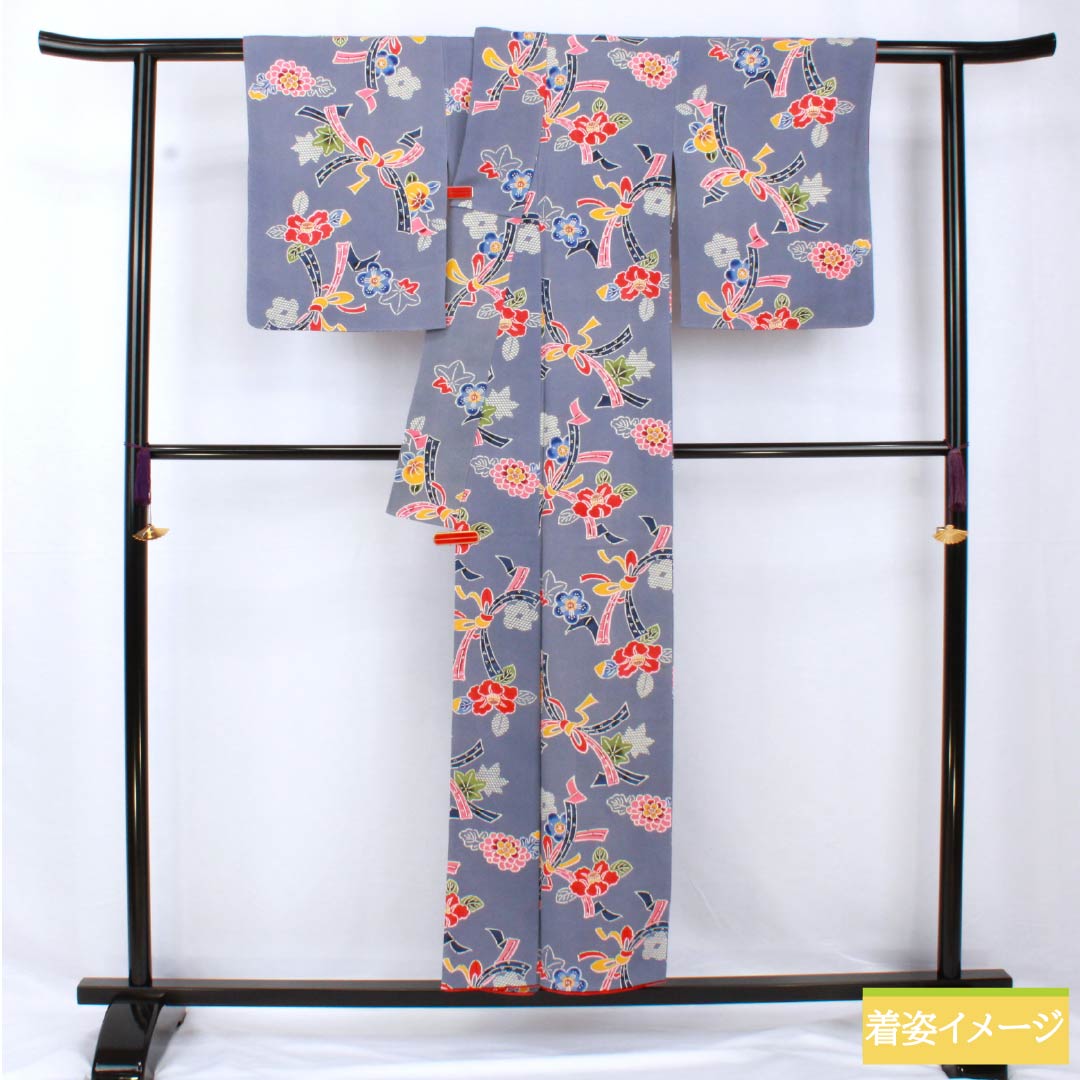小紋 正絹 身丈152.5cm 裄丈62cm 袷 江戸納戸色（えどなんどいろ） 型染 紅型調 熨斗 椿 Bランク 青系 1115005604217