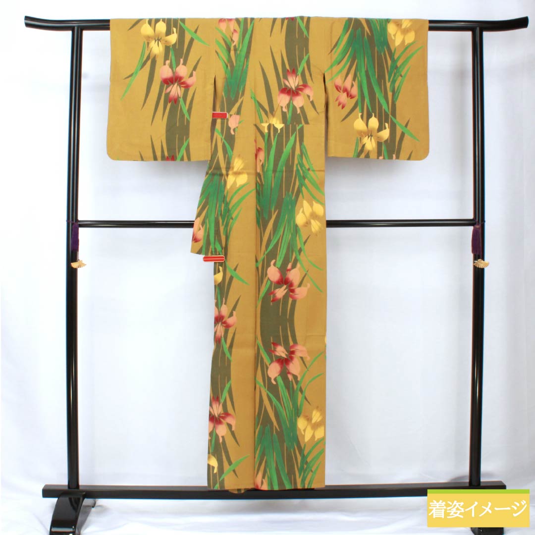 Cotton Yukata, Length 153.5cm, Sleeve Length 67cm, Rank A, Single Layer, Yellow, Magnolia, Iris Design, Product Number: 1118005803223