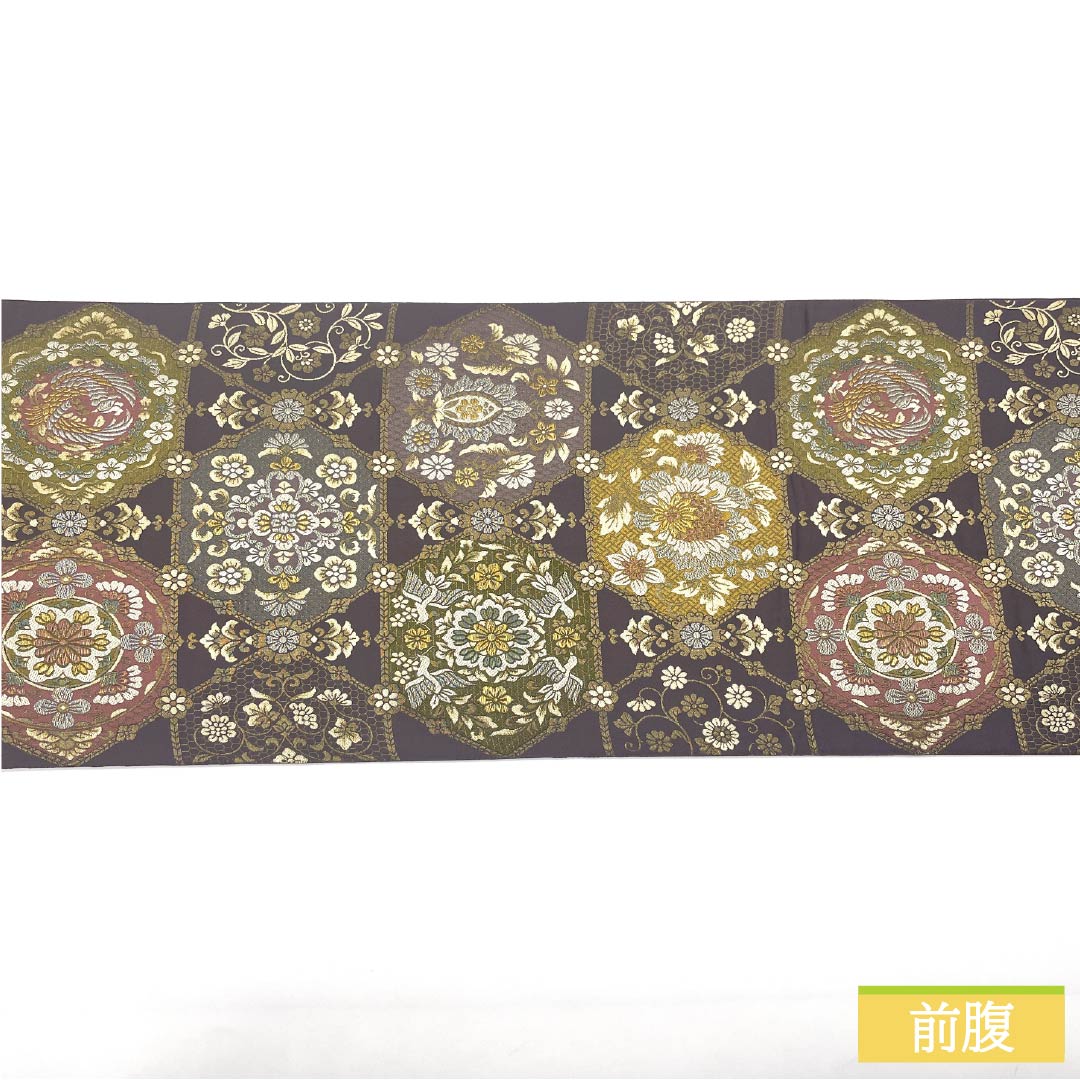 Formal, purple-colored obi made of pure silk with a Shosoin Treasure Treasure Treasure Treasure Treasure and phoenix motifs. Length: 442cm. S-rank. Six-pass obi. Product code: 1123014292320.