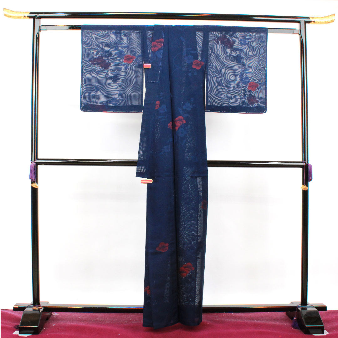 夏物 正絹 小紋 身丈161cm 裄丈64.5cm 濃紺色（のうこんいろ）椿  紗 Sランク 紺系 1132001182418