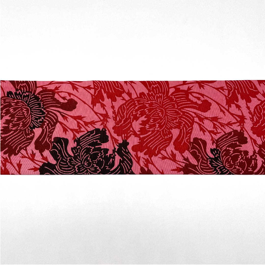 名古屋帯 中紅花色 草花模様 染帯 帯丈358cm 正絹 Aランク 六通 カジュアル 赤系 1124003493312  名古屋仕立て