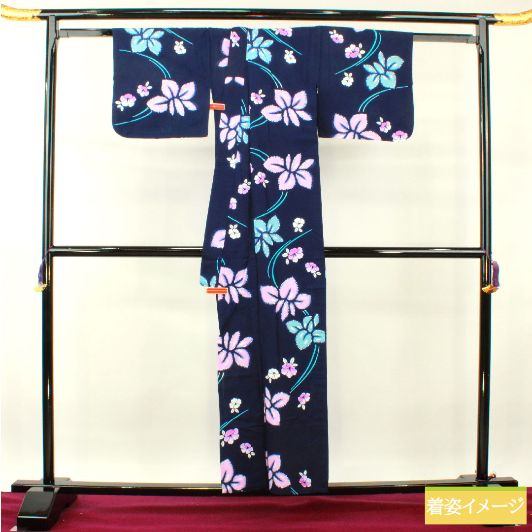Yukata Cotton Length 156cm Sleeve length 64.5cm S rank Single layer Navy Deep navy Iris Camellia 1118005182318
