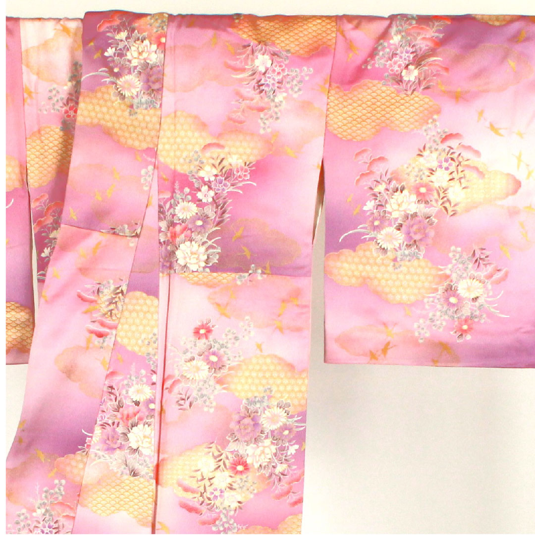 小紋 身丈158cm 裄丈65cm 袷  洗える着物 雲取り 草花模様  ポリ Aランク 紫系 1115001623320