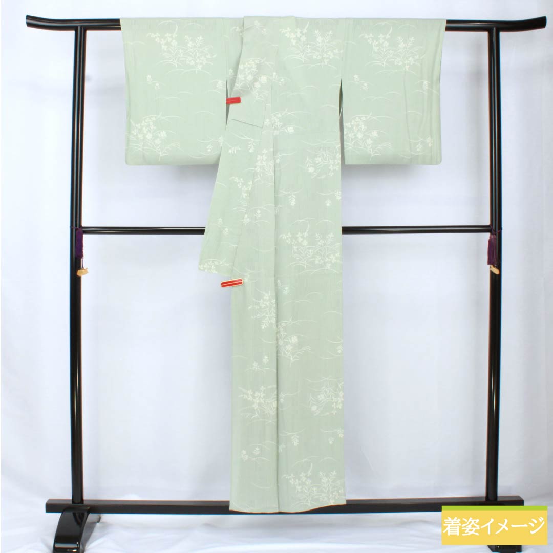 夏物 正絹 小紋 身丈153cm 裄丈62cm 白緑色（びゃくろくいろ） 京友禅 秋草 三松シルクケア 絽 Aランク 緑系 1132002093219