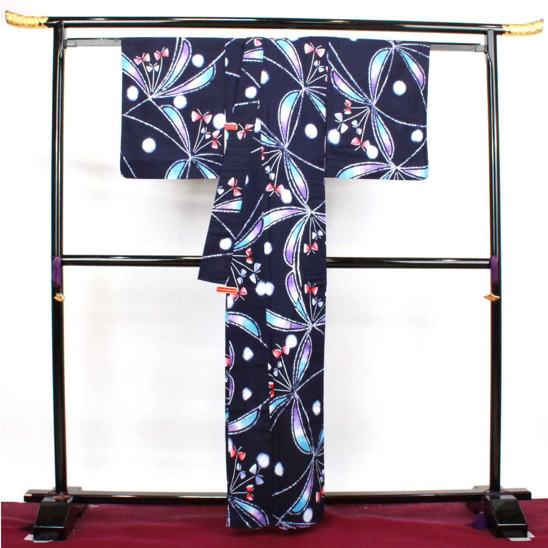 Yukata, dark blue, abstract pattern, cotton, S rank, single layer, length 162cm, sleeve length 66cm, navy blue, 1118003882418
