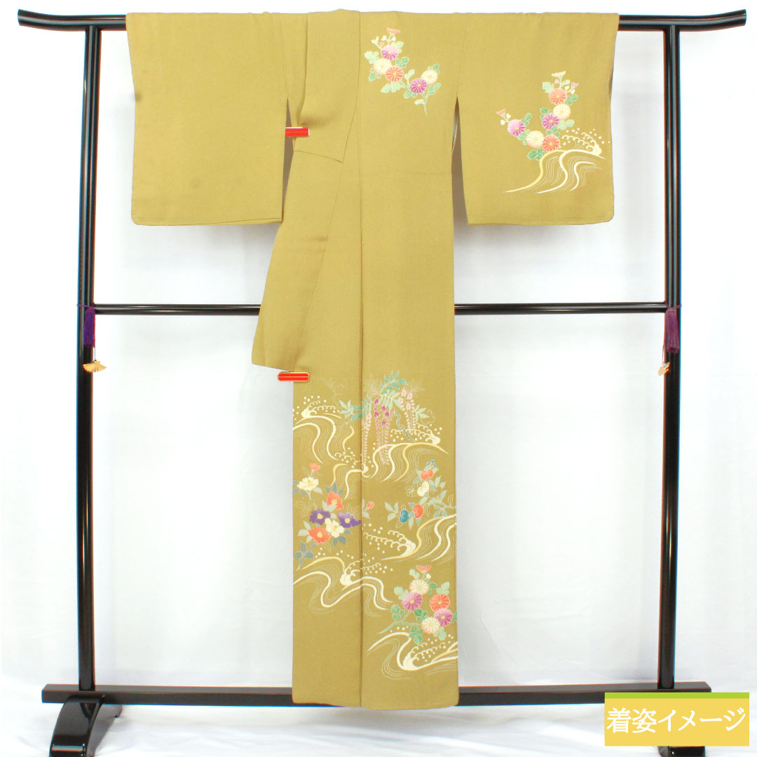 訪問着 正絹 袷 身丈155.5cm 裄丈67.5cm 唐金色（からかねいろ） 京友禅 ちりめん地 草花模様 Aランク 緑系 1112005953319