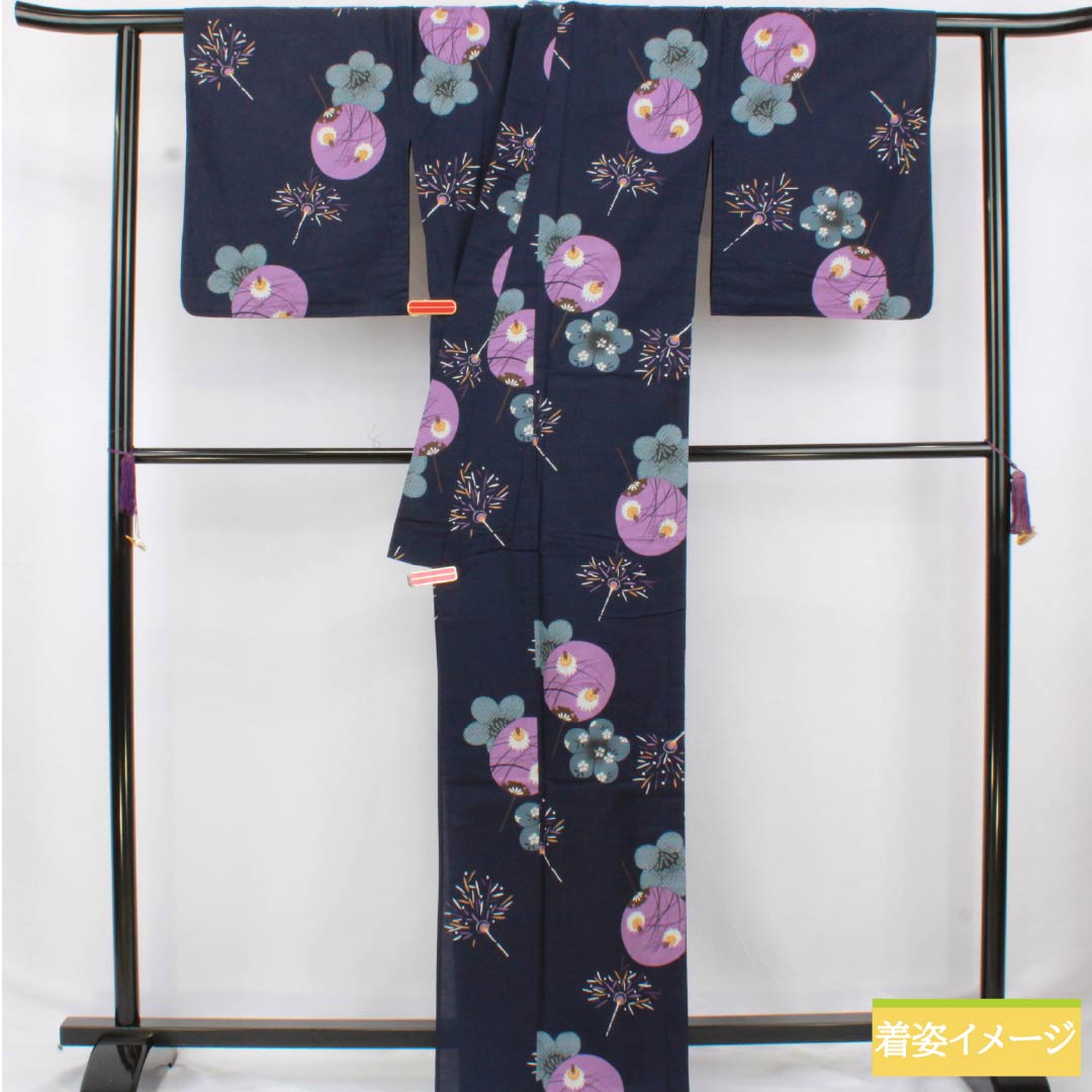 浴衣 木綿 身丈165cm 裄丈65.5cm Sランク 単衣 紺系 濃紺色（のうこんいろ） うちわ 花火 1118006652518