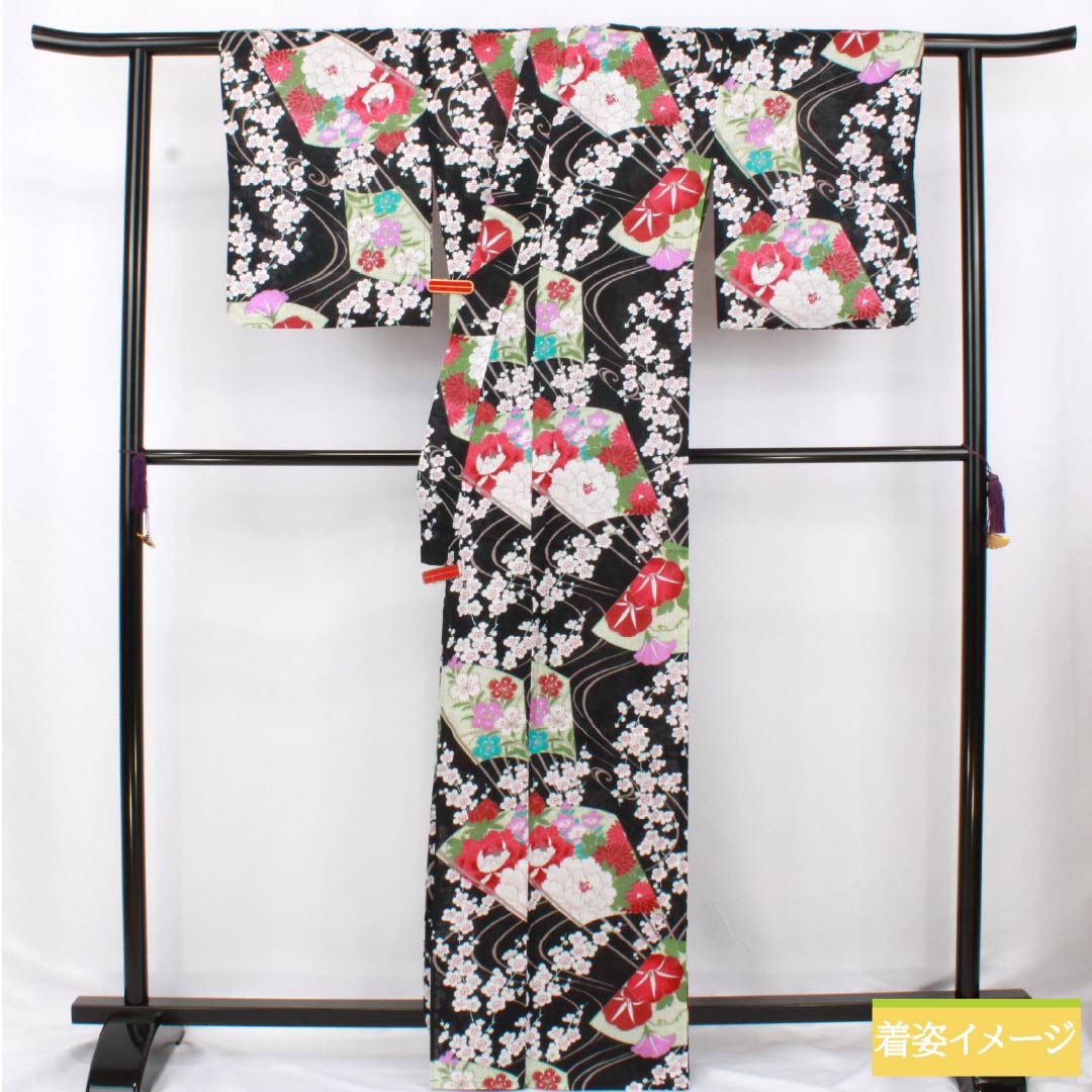 Cotton Yukata, Length 167cm, Sleeve Length 64cm, S Rank, Single Layer, Black, Vertical Silk, All-over Flower Pattern, Fan Pattern, 1118006262510