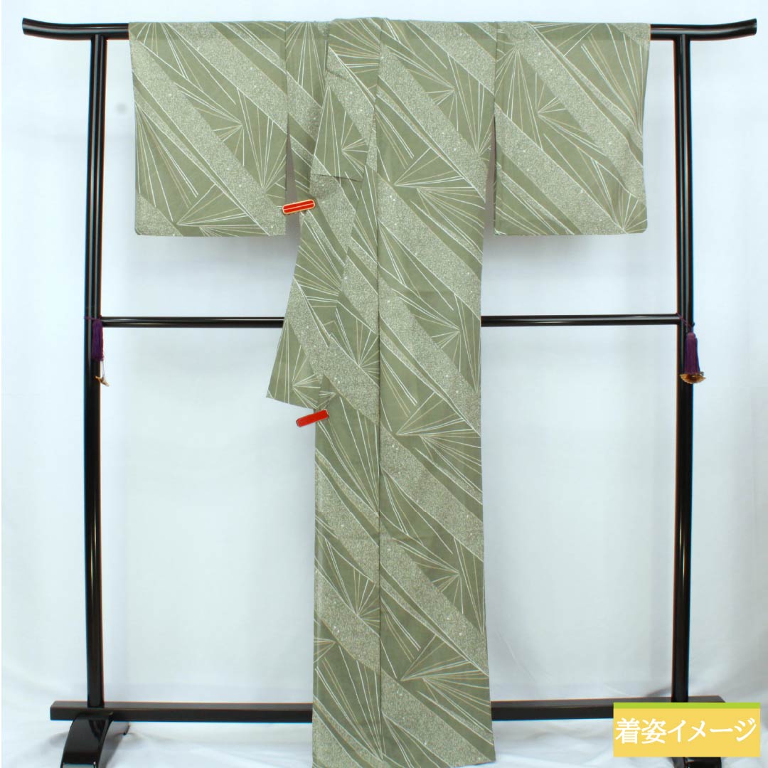 夏物 ポリエステル 小紋 身丈167cm 裄丈69.5cm 岩井茶色（いわいちゃいろ） 抽象模様 紗 Sランク 緑系 1132002392519
