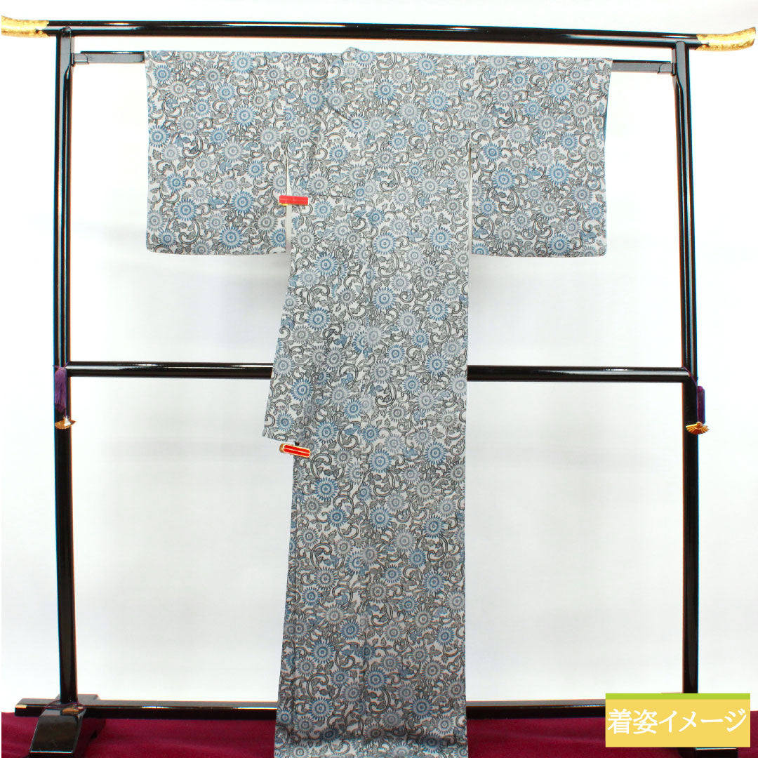 小紋 正絹 身丈172cm 裄丈64cm 袷  白銅色 京紅型 菊  Sランク グレー系 1115003572622