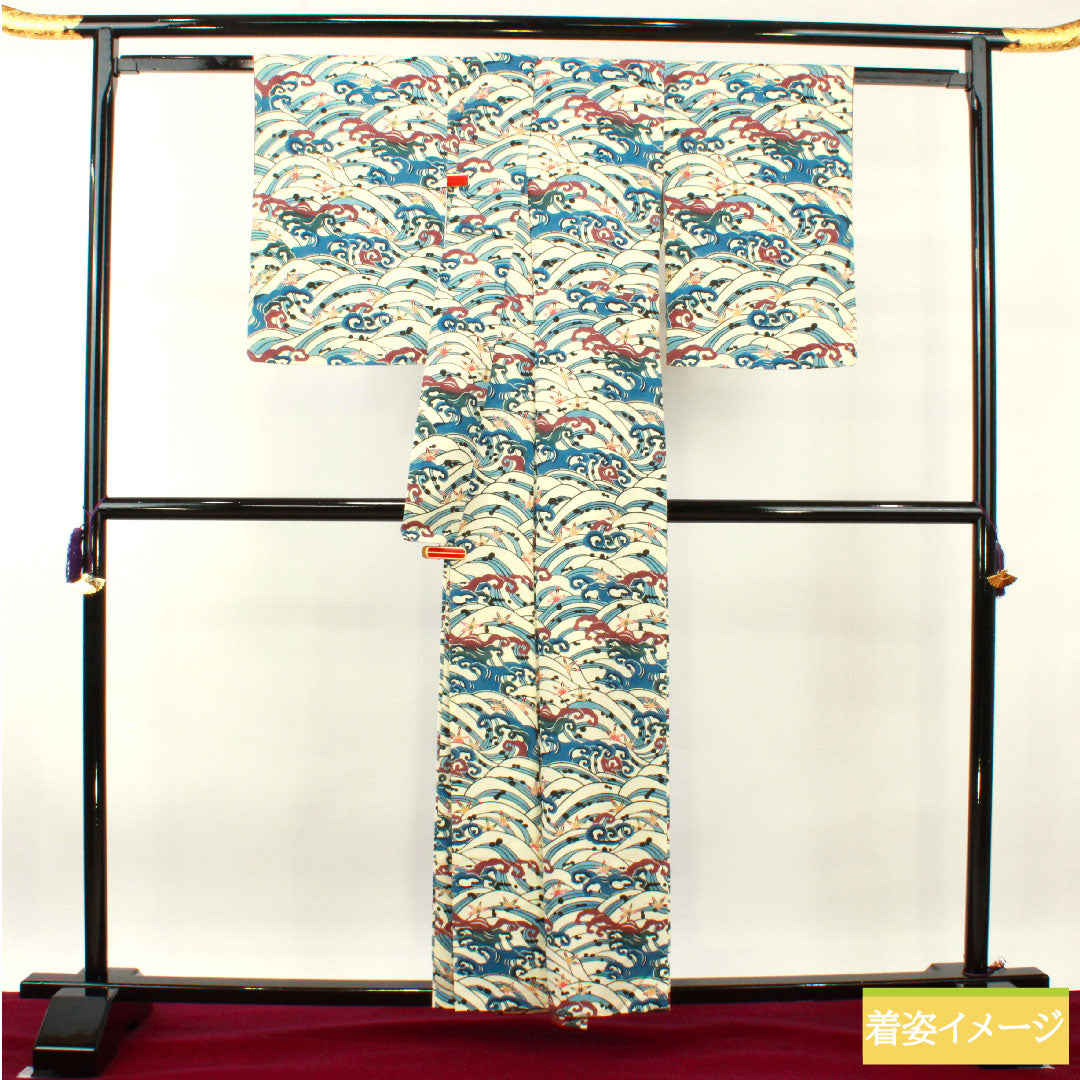 小紋 正絹 身丈157.5cm 裄丈62cm 袷 京紅型 波 Aランク 白系 1115004083311