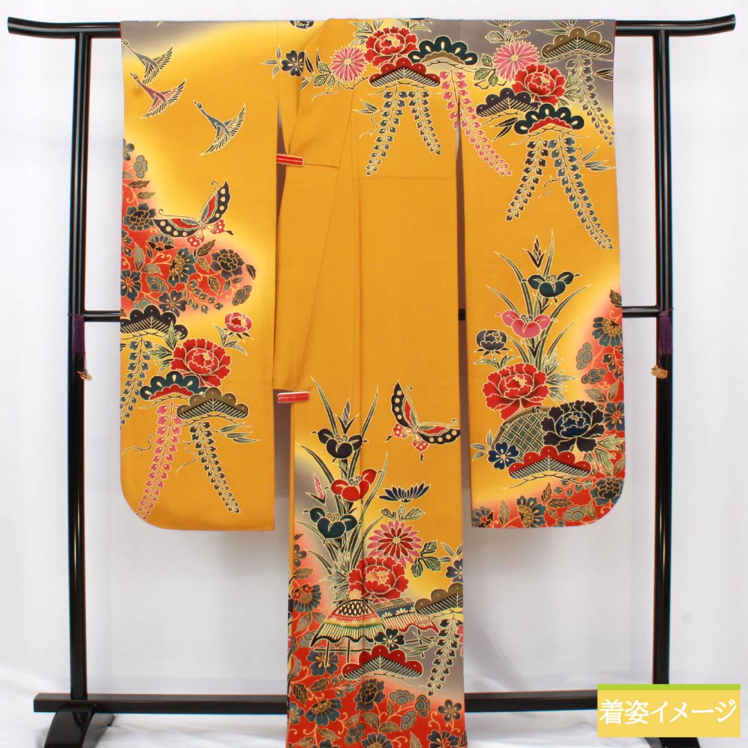 Furisode Pure Silk S Rank Length 164cm Sleeve-to-sleeve 67cm Lined Wheat-colored Kyoto Red Dye Auspicious Design Butterfly Pine Pearl Tone Processing Orange system 1113002332426