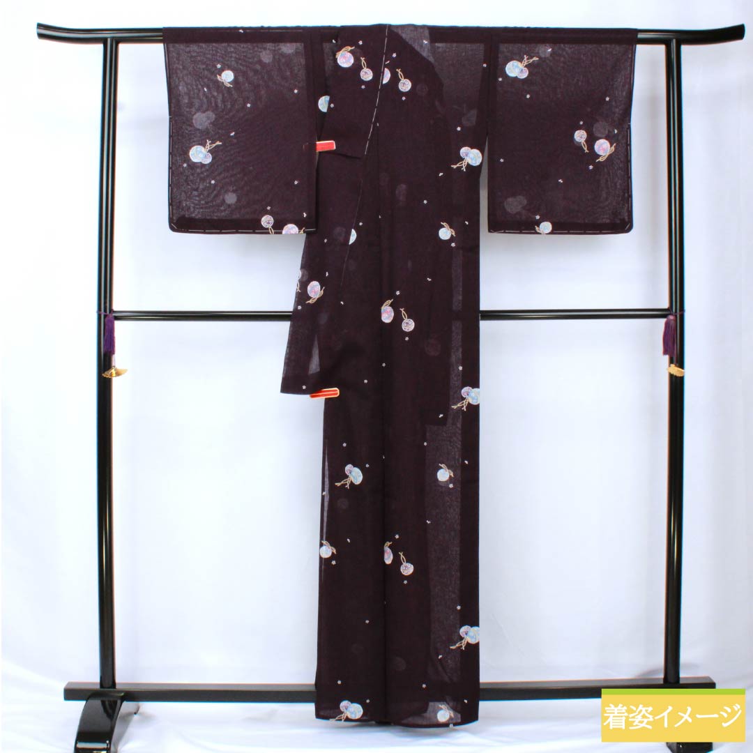 夏物 ポリエステル 小紋 身丈162cm 裄丈66cm 紫黒色（しこくしょく） 小花 鈴 洗える着物 紗 Sランク 紫系 1132002332420