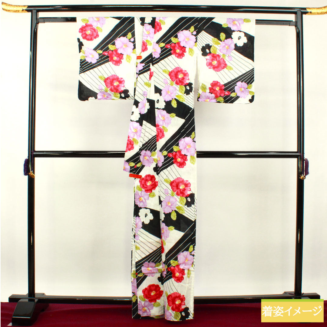 Yukata Cotton Length 163.5cm Sleeve length 64cm S rank Single layer Monotone Camellia 1118005092427