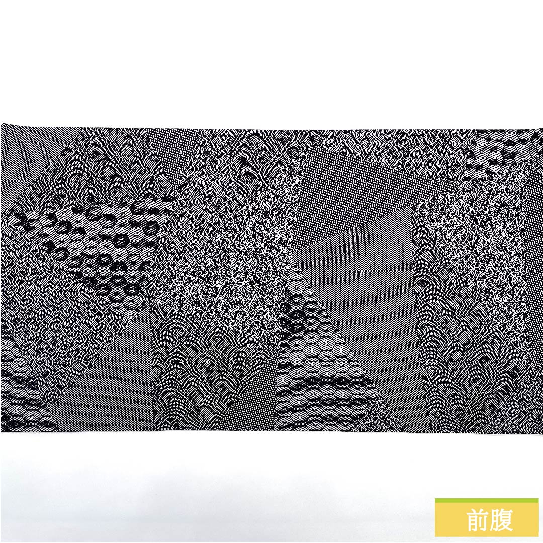 名古屋帯 黒色 江戸小紋柄 切り嵌め風 ひょうたん 雲取り 帯丈424cm 正絹 Sランク ポイント柄 カジュアル 黒系 1124005742310  開き仕立て