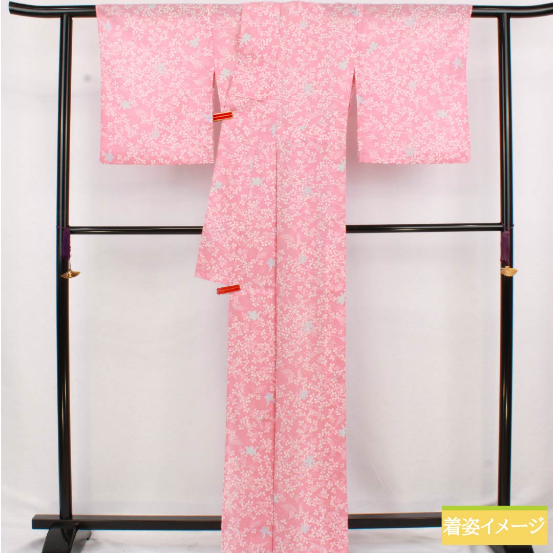 Summer kimono, polyester, small pattern, length 166.5cm, sleeve length 68.5cm, medium crimson flower color (nakano kurenai iro), plant pattern, lining, washable, pink, S rank, ro, 1132002622513
