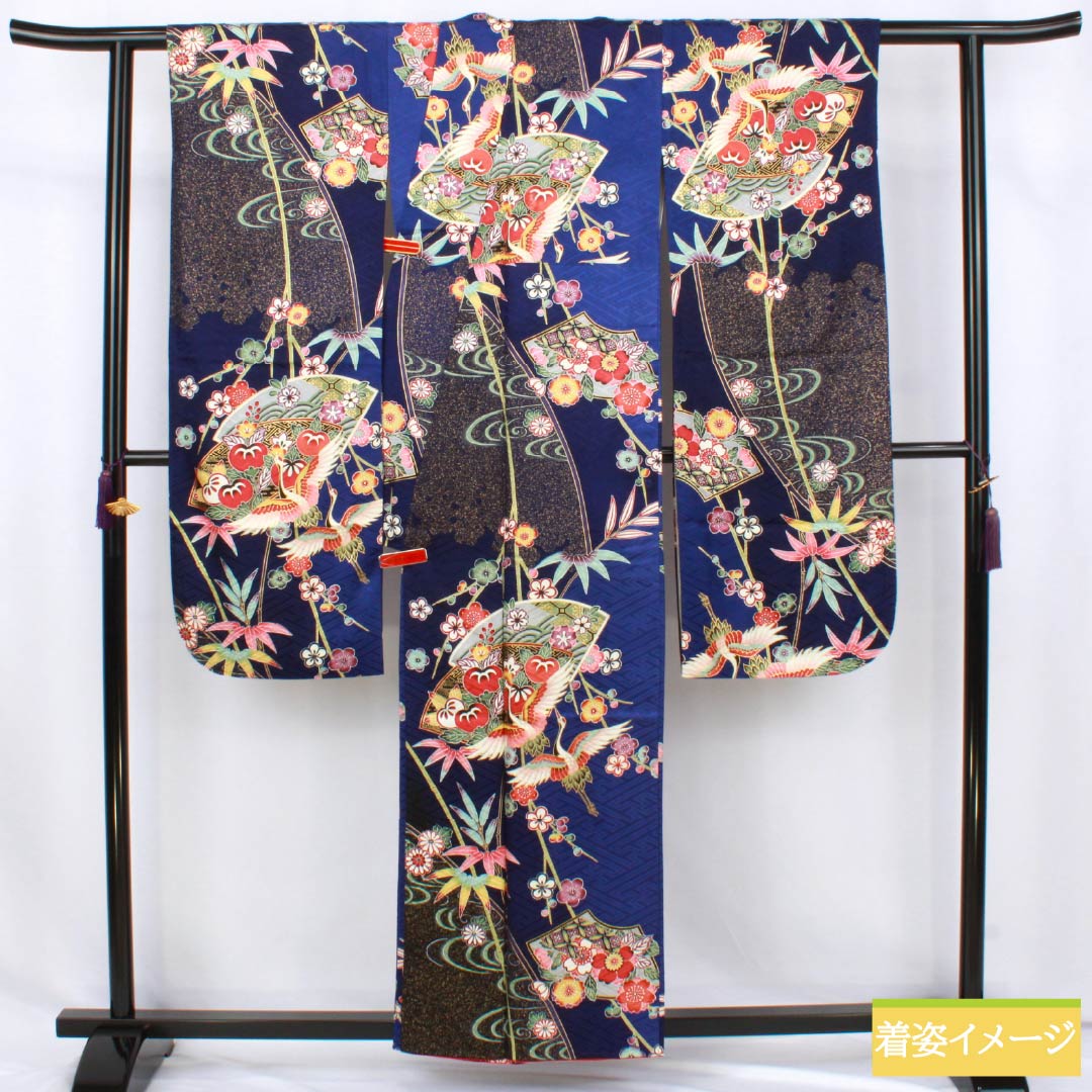 Furisode (long-sleeved kimono) made of pure silk, S rank, length 158cm, sleeve length 64.5cm, lined, Kyoto yuzen, auspicious motifs of cranes, tangerines, fan motifs, plum blossoms, and blue tones, product number 1113002662317