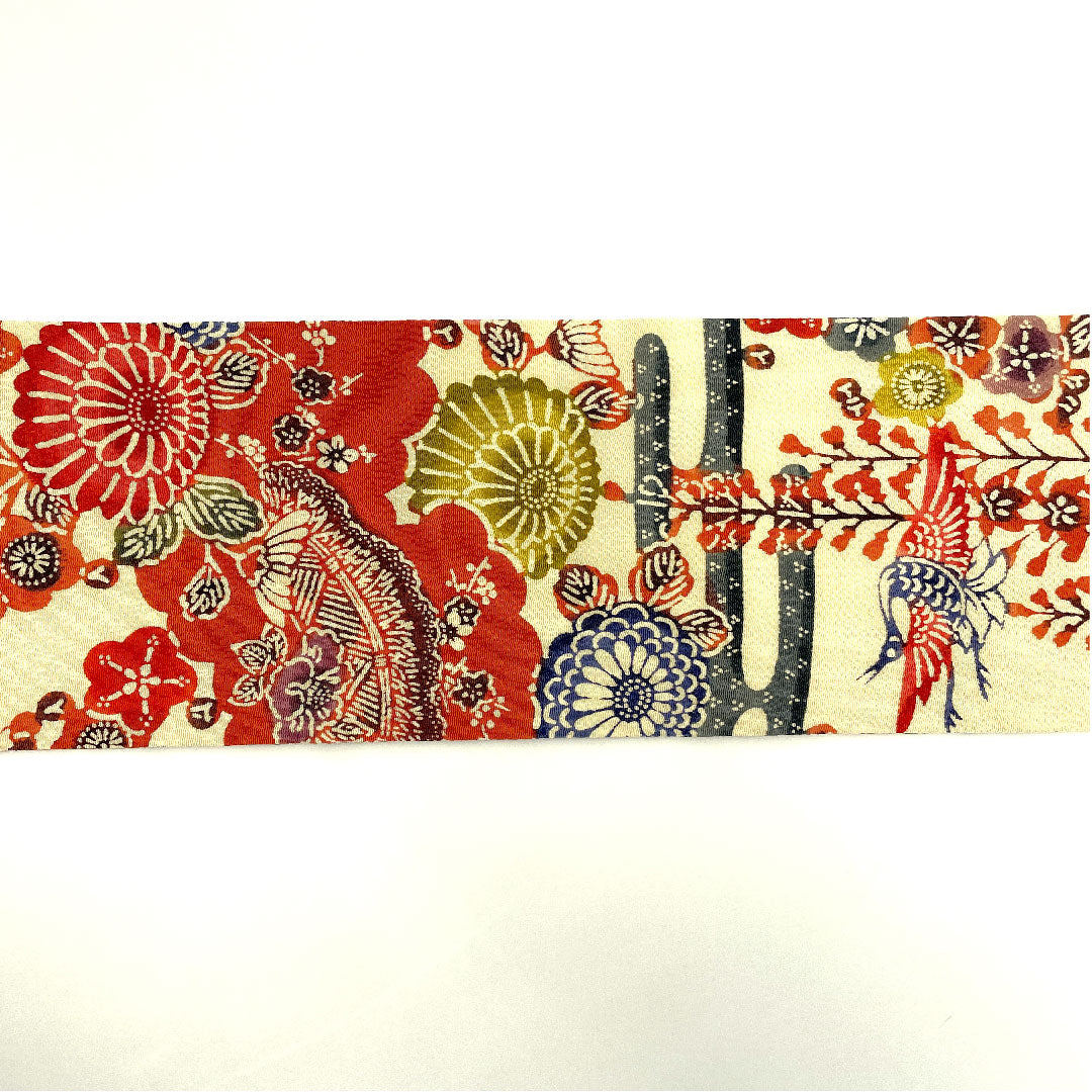 名古屋帯 京紅型 染め帯 縮緬 草花模様 帯丈395.5cm 正絹 Aランク 六通 カジュアル クリーム系 1124001963315  名古屋仕立て
