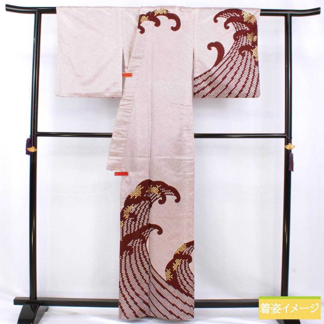Homongi (visiting kimono), polyester, grade A, single layer, length 162cm, sleeve length 66.5cm, mokuranjiki (mokuran-jiki) pattern with wave design, shippo (cloisonne) pattern, with half-collar, washable, red, product number 1112006963412