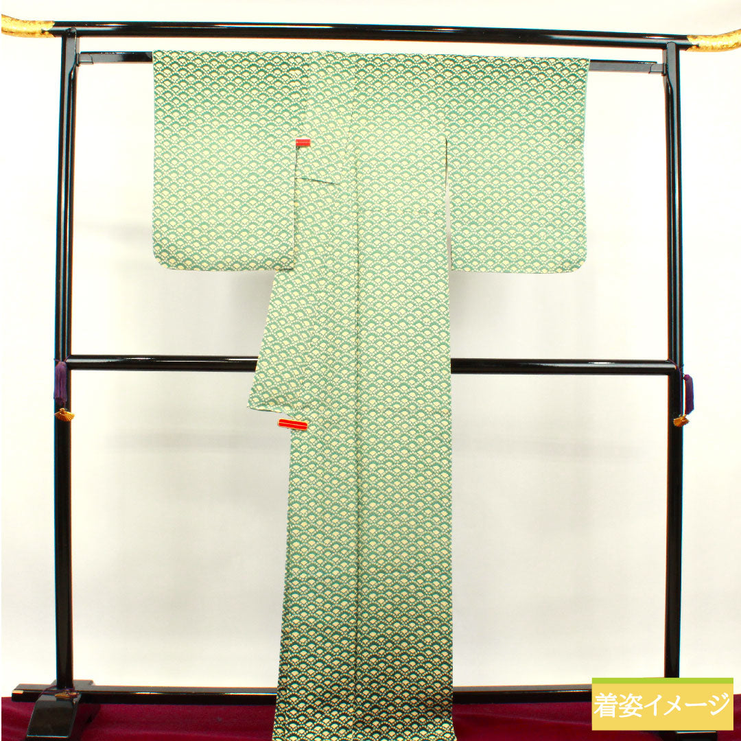 小紋 正絹 身丈167.5cm 裄丈65.5cm 袷  山藍摺色  Sランク 緑系 1115003672519