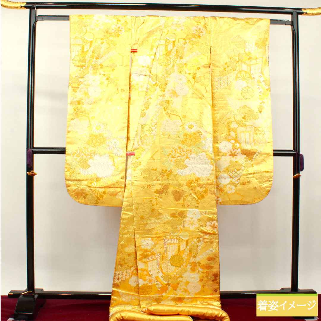 色打掛 正絹 身丈196cm 裄丈67cm  唐織 金糸 御所車 松竹梅 吉祥文様 Sランク 袷 金系 1110000762921