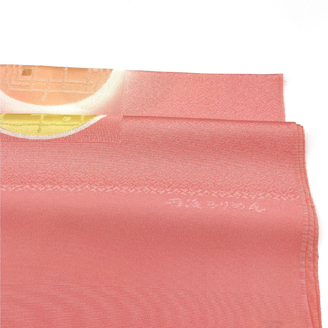 (Like New) Semi-Formal Silk Obiage (Sash) in Peach Red (Tango Chirimen) with Geometric Pattern, Approximately 180cm Long, 30.5cm Wide, Pink, Product Number: 1136001271913