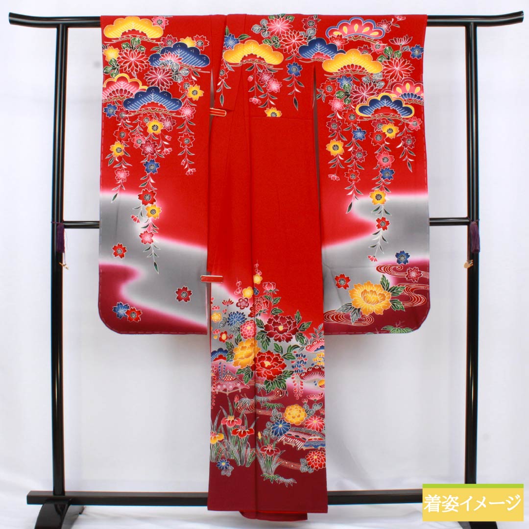 Furisode Pure Silk S Rank Length 157.5cm Sleeve-to-sleeve 65.5cm Lined Crimson Kyoto Bingata Auspicious Motifs Pine Cherry Red 1113002312312