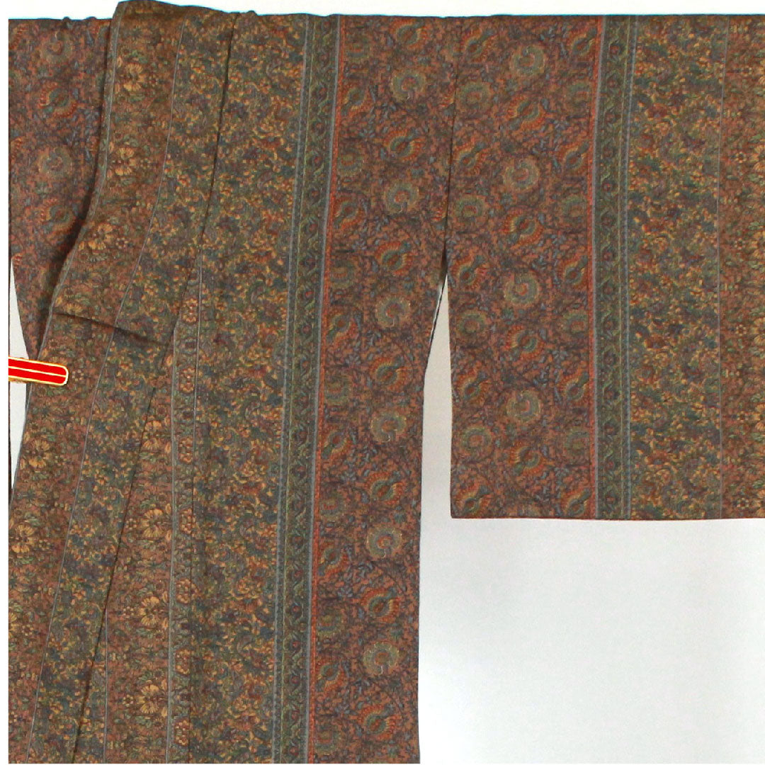 小紋 身丈162cm 裄丈64cm 袷  更紗模様 洗える着物  ポリ Sランク 茶系 1115001002314