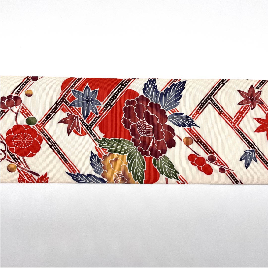 Nagoya obi, white, Kyo-Bingata, peony, plum, bamboo, obi length 364.5cm, pure silk, A rank, point pattern, casual, white, 1124004803311, Nagoya style