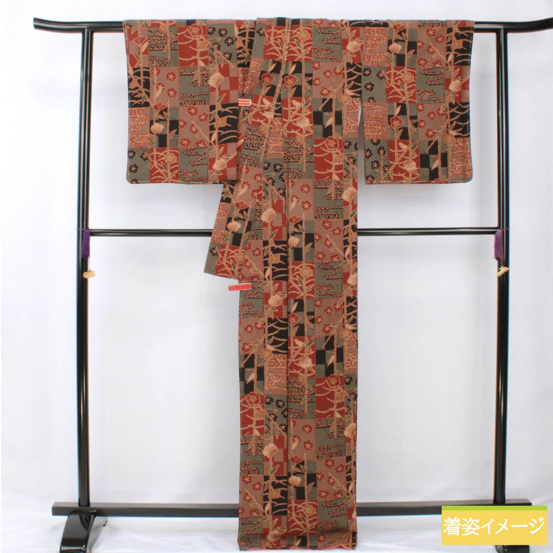 Small pattern, polyester, length 169cm, sleeve length 66.5cm, lined, copper-red, checkered, floral pattern, washable, basting thread included, S rank, gradient, 1115005772599