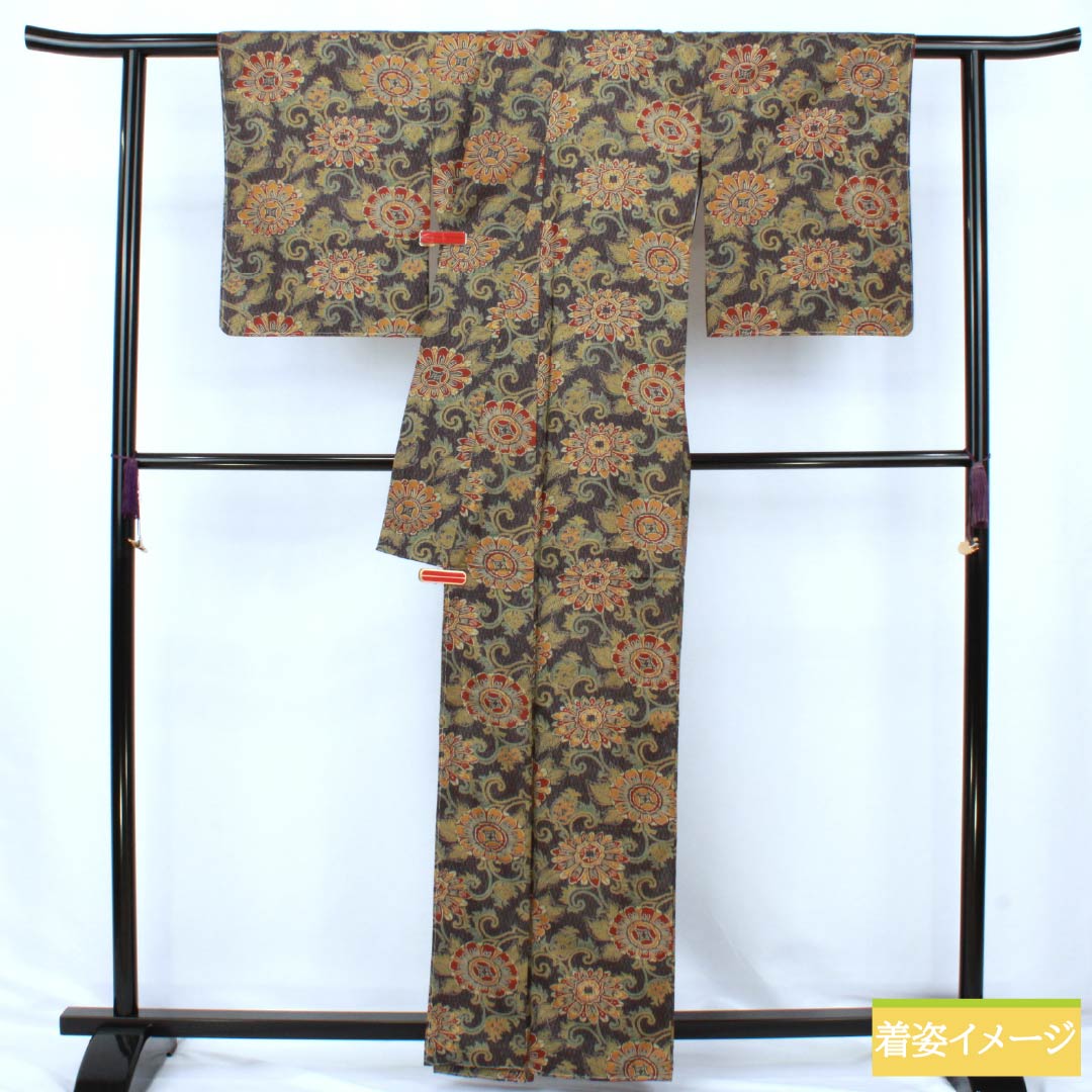 小紋 正絹 Sランク 身丈161.5cm 裄丈64.5cm 袷 石板色（せきばんいろ） 更紗 しつけ糸付き グレー系 1115007182422