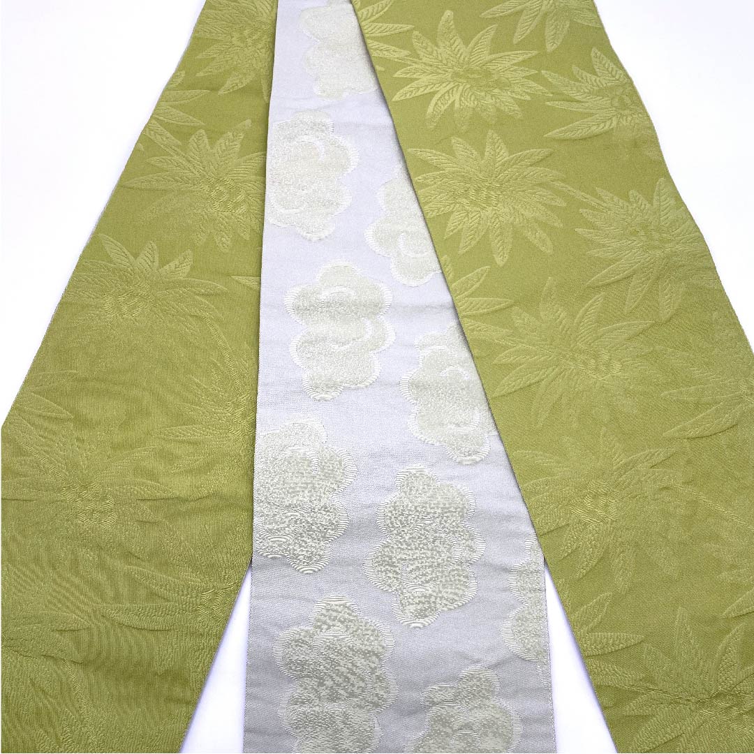 Half-width obi, polyester, obi length 380cm, blue-leaf color, floral pattern, Pandanus, plant pattern, cloud, geometric pattern, green, A rank, 1125001303319