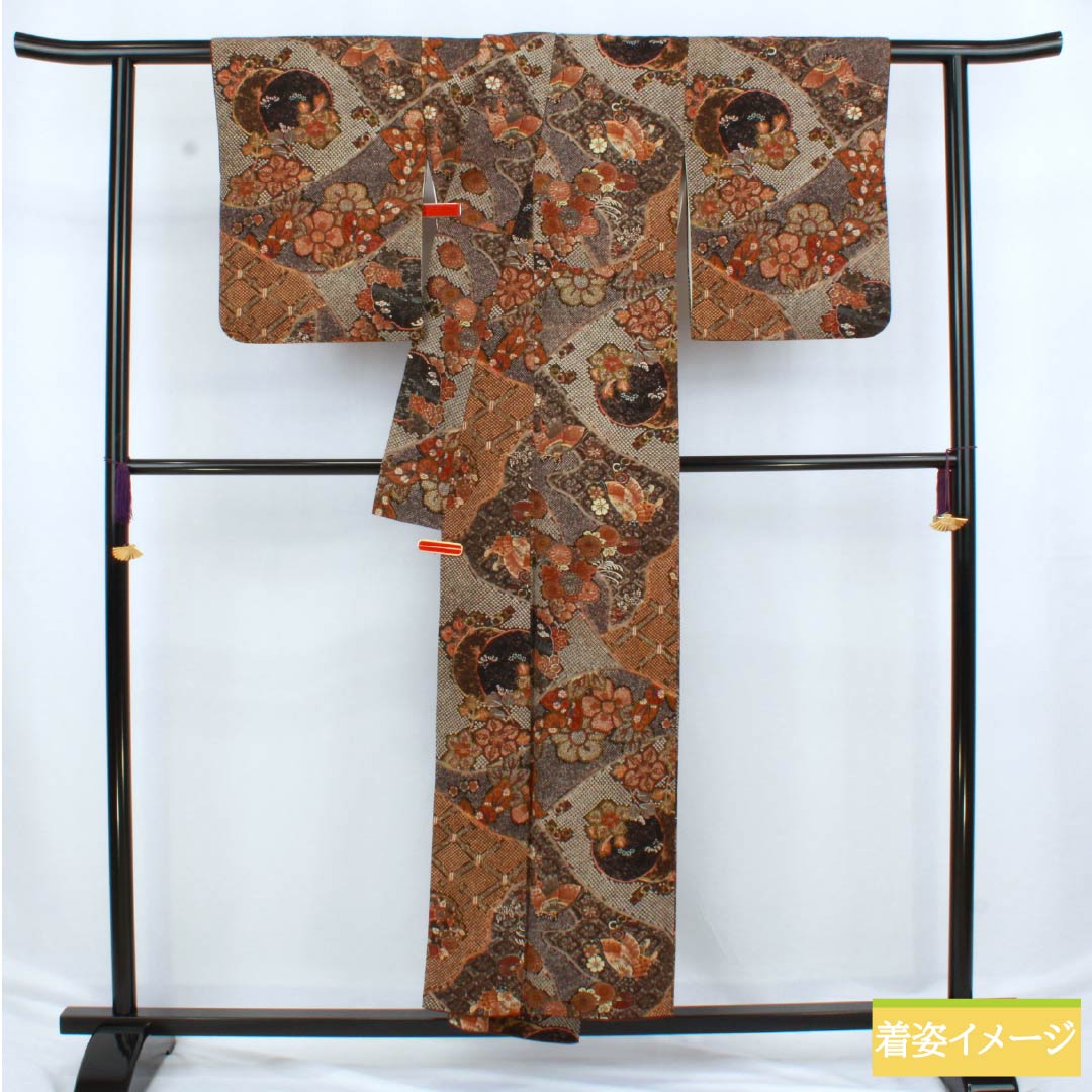 小紋 正絹 Aランク 身丈152cm 裄丈62cm 袷 型染 古典柄 茶系 1115006503214