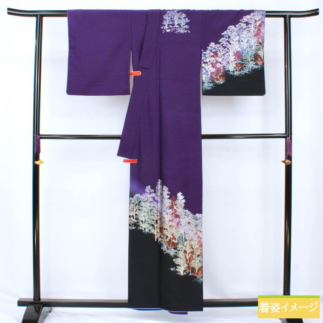 訪問着 ポリエステル Aランク 胴抜き 身丈157.5cm 裄丈65.5cm 菫色（すみれいろ） 金彩加工 風景模様 紫系 1112006393320