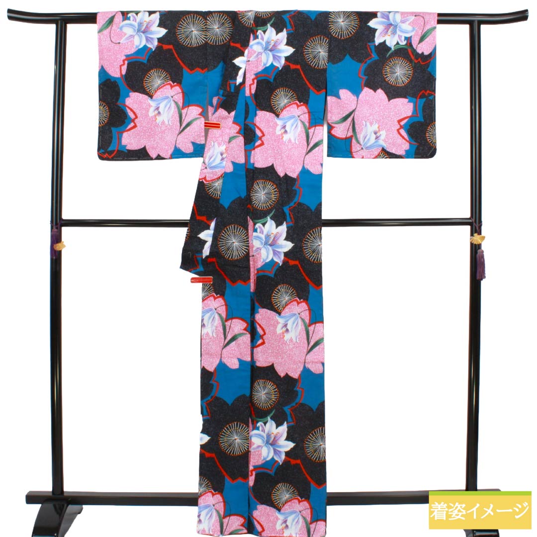 浴衣 木綿 Sランク 身丈165.5cm 裄丈68cm 青黛色（せいたいいろ） 百合 桜 型染 単衣 青系 1118006962517
