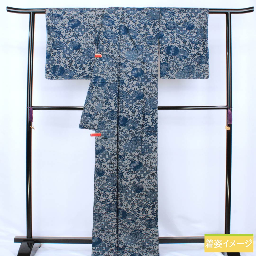Komon (small pattern) silk, S rank, length 166cm, sleeve length 67cm, lined, Kyoto Bingata (red dye) pattern, indigo dye, tsumugi fabric, floral pattern, gray, product number 1115007212522