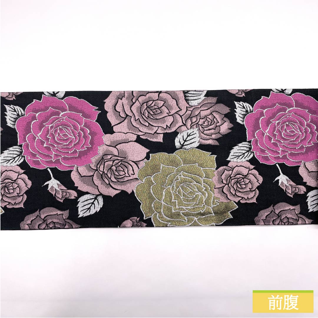 Polyester Fukuro Obi for Furisode, Rose, Length 484cm, S Rank, Full Length, Formal, Black, 1123013982410