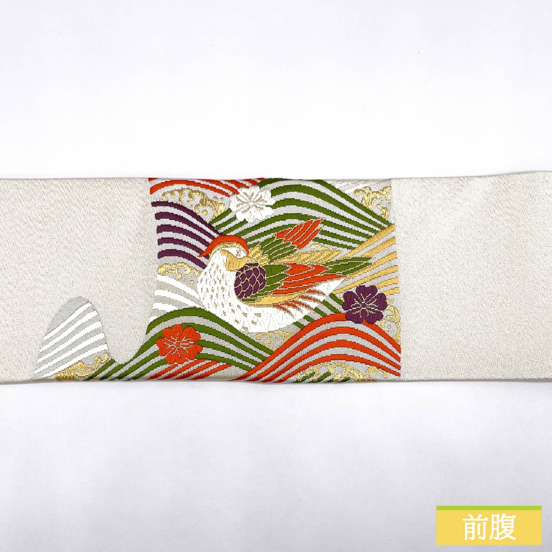 Nagoya Obi with a Mandarin and Cherry Blossom Design and Wave Pattern, Length 364cm, Pure Silk, A-Rank, Pointed Pattern, Silver, Semi-Formal, 1124008933322, Nagoya Style