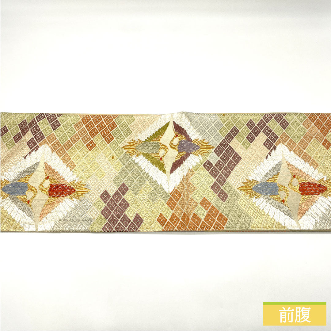 A-Rank Pure Silk Fukuro Obi (Sash) in Sobakiri (Soba-kiri Color) with Nishijin-ori (Karaori) Weave, Facing Cranes and Tortoise Shell Pattern, Length 434cm, Six-Pass, Formal, Beige, Product Number: 1123016063325
