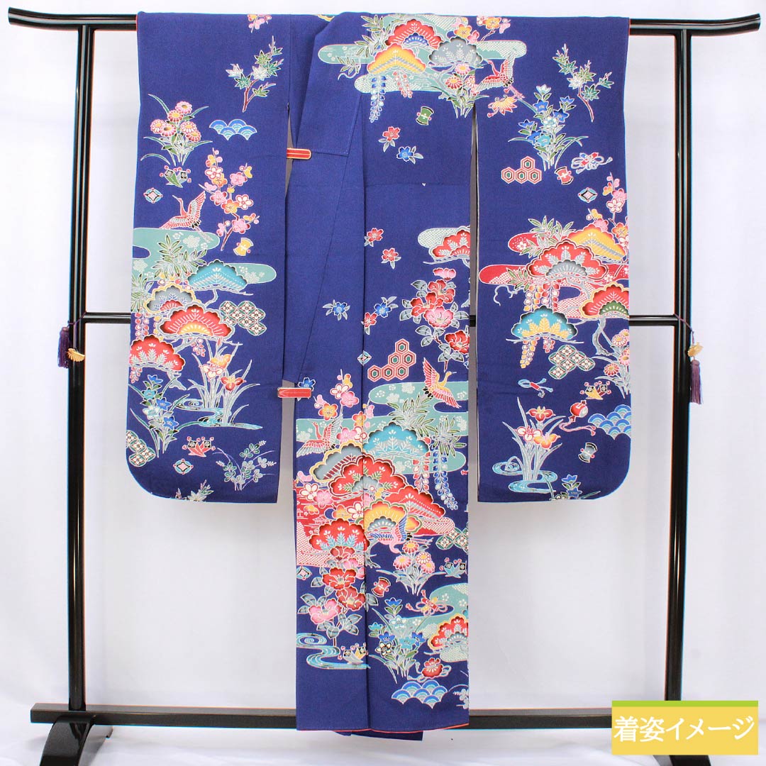 振袖 正絹 Aランク 身丈154.5cm 裄丈65cm 袷 青紫色（あおむらさきいろ） 京紅型 吉祥文様 松 藤 菖蒲 青系 1113002383217
