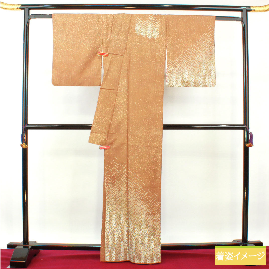 Homongi (formal kimono) made of polyester, lined, length 165cm, sleeve length 65.5cm, hunting tiger color, washable kimono, with undergarment, S rank, brown, 1112003692514