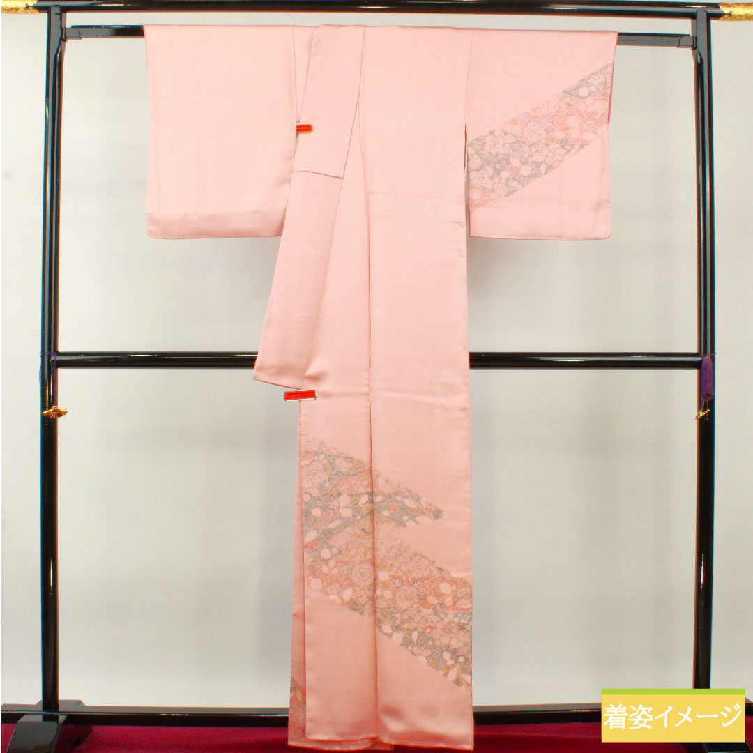訪問着 正絹 袷 身丈161.5cm 裄丈64.5cm 浅紅色（あさべにいろ） 辻ヶ花 しつけ糸付き Sランク ピンク系 1112004462413