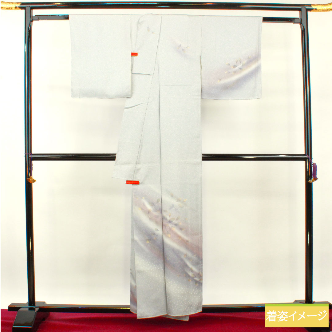 訪問着 正絹 袷 身丈156.5cm 裄丈63cm 白銅色 タタキ染 葉っぱ模様 しつけ糸付き 未使用品 Sランク グレー系 1112003612322