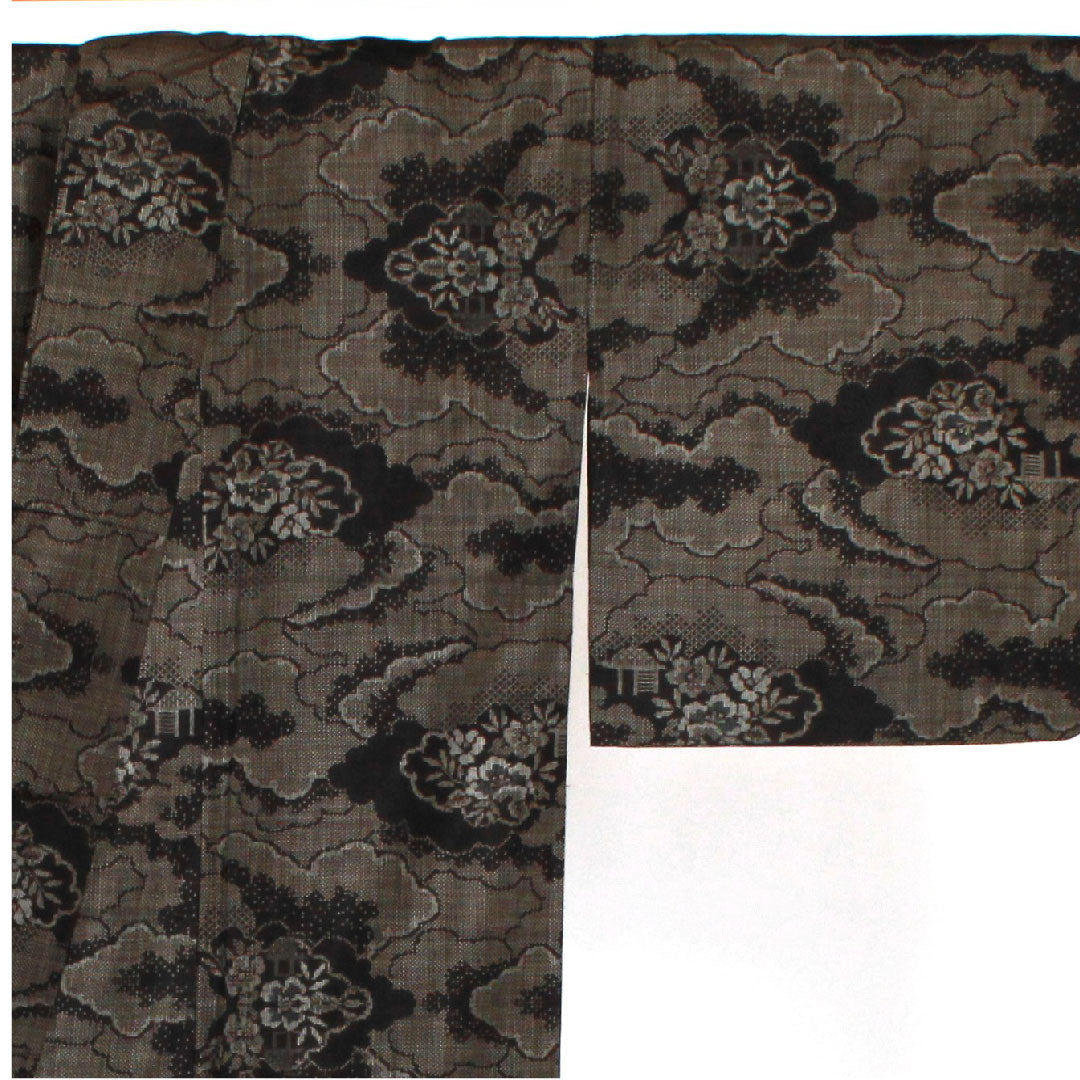 Oshima Tsumugi, Length 159cm, Sleeve length 66cm, Warp and weft kasuri, 9 marks, Clouds and flowers, Pure silk, S rank, Lined, Black, 1116001322310