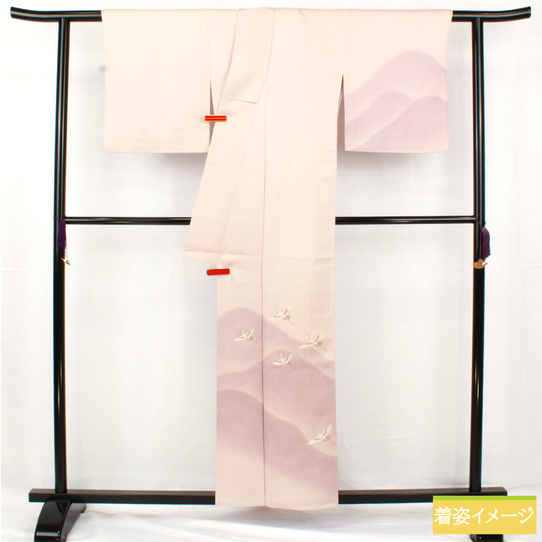 Homongi, pure silk, lined, length 157cm, sleeve length 63cm, cherry blossom color, Kyo-Yuzen, crane, A rank, purple, 1112005523320