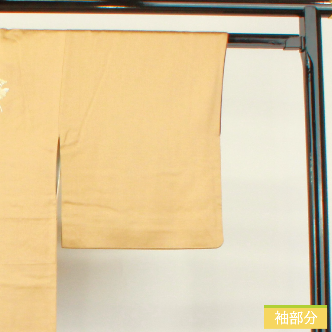 Homongi, pure silk, lined, length 150.5cm, sleeve length 62cm, pale withered leaf color, embroidered fan surface, floral pattern, S rank, brown, 1112004682114