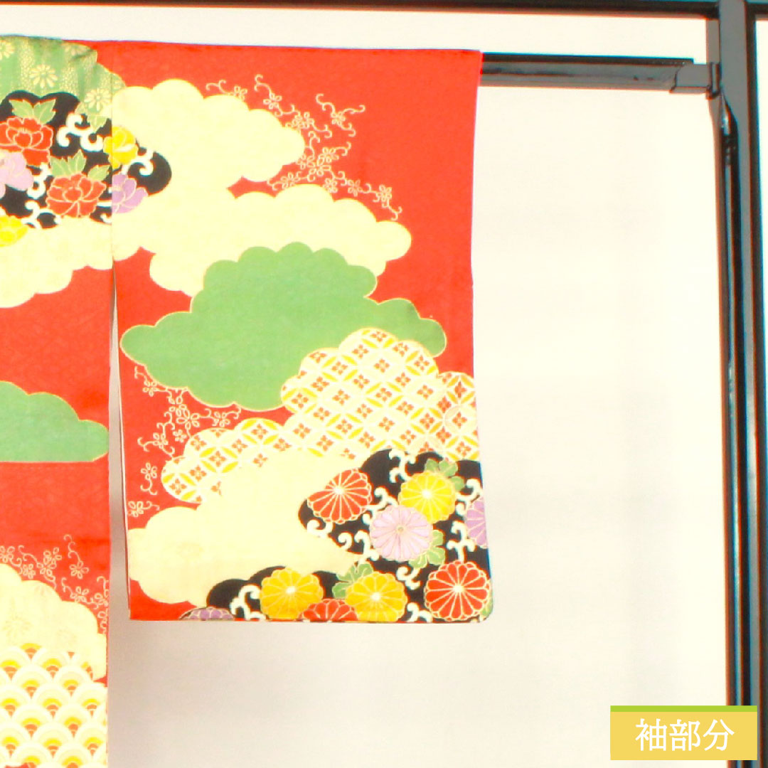 Homongi, pure silk, lined, length 160cm, sleeve length 63cm, scarlet, Kyoto Yuzen, embroidery, auspicious motif, one crest (sewn crest), Gosankiri, S rank, vermilion, 1112003752416